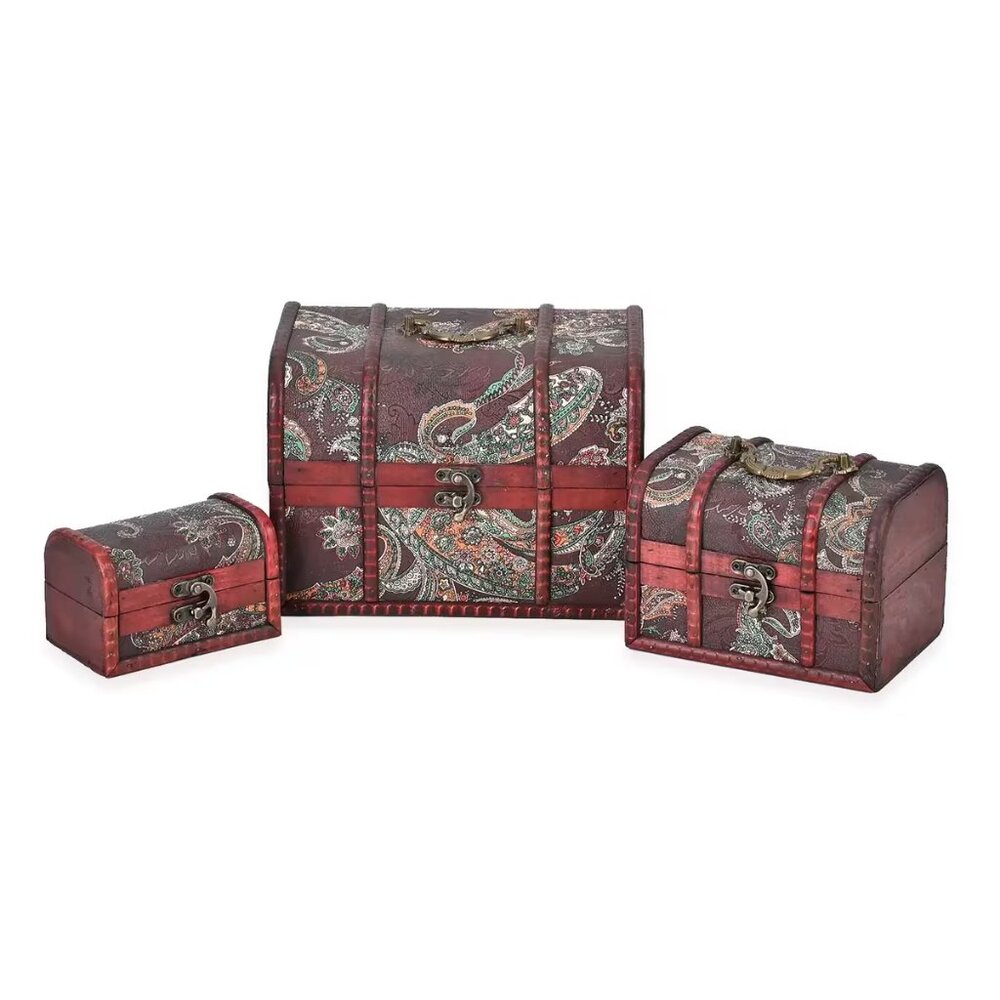 NEW 3 Brown Wooden & Multi Color Paisley Pattern Faux Leather Nesting Chests